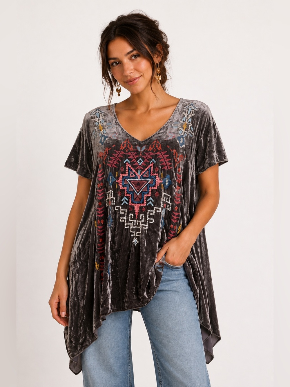 Johnny Was Charcoal Taupe Crushed Velvet V-Neck Tunic Embroidered
